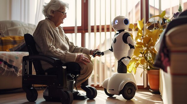 Una mujer anciana en silla de ruedas está tomando de la mano a un robot la mujer está sonriendo y mirando al robot el robot está mirando a la mujer