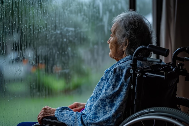 Mujer anciana sola en silla de ruedas mira por la ventana en un día lluvioso