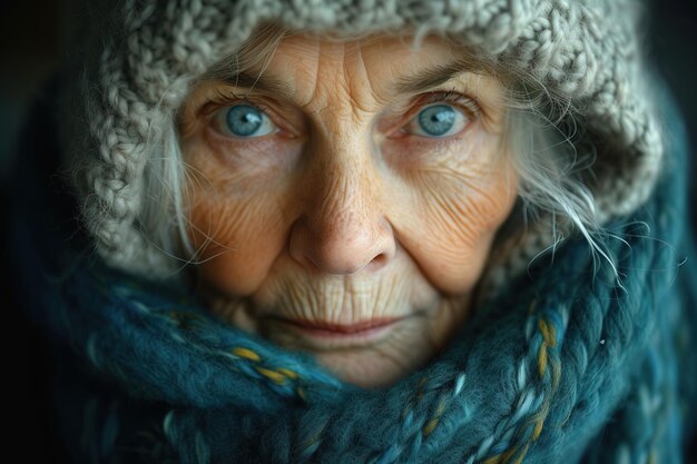 Mujer anciana con sombrero y bufanda de punto