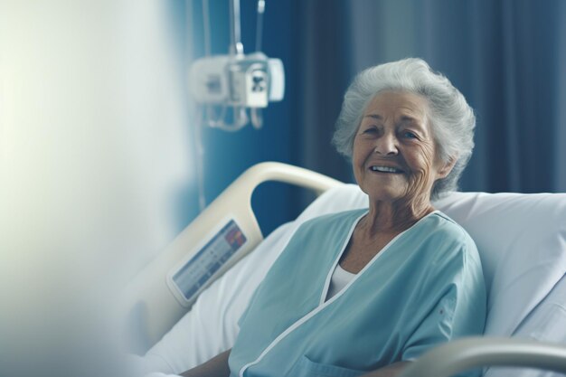 Mujer anciana sonriente en la cama del hospital Conceptos de pacientes con demencia y Alzheimer Enfermedad de personas mayores O