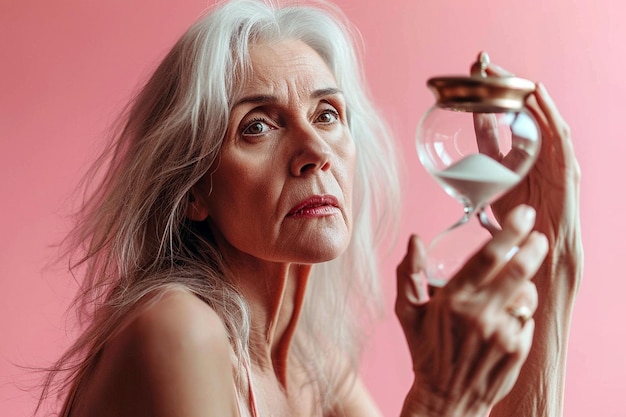 Mujer anciana sosteniendo un reloj de arena Concepto de envejecimiento miedo al paso del tiempo cronofobia salud mental en la vejez depresión en ancianos Ciclo de vida femenino menopausia flujo de la vida La belleza no tiene edad