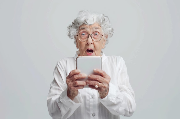 mujer anciana con teléfono sorprendido