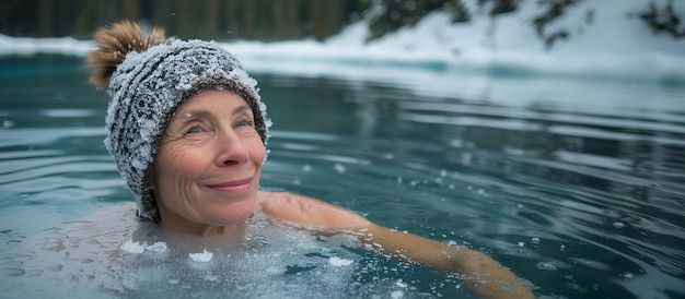Mujer anciana tomando un baño en el lago helado de la montaña de invierno Concepto de rejuvenecimiento y endurecimiento de recuperación