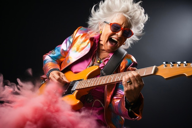 Mujer anciana con traje colorido tocando la guitarra eléctrica gritando con ira IA generativa