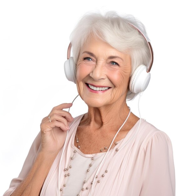 Foto mujer anciana usando auriculares para disfrutar de la música