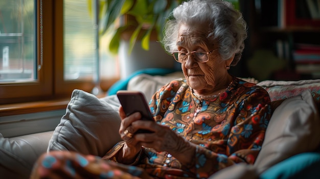 Mujer anciana usando un teléfono inteligente en el sofá de la sala de estar