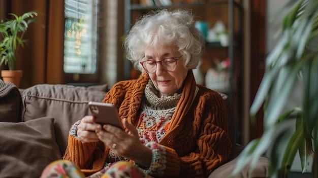 Mujer anciana usando un teléfono inteligente en el sofá de la sala de estar