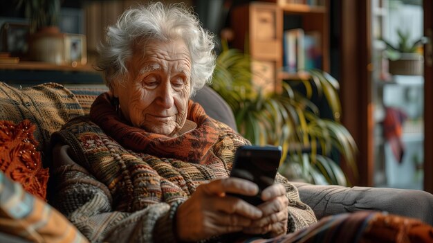 Mujer anciana usando un teléfono inteligente en el sofá de la sala de estar