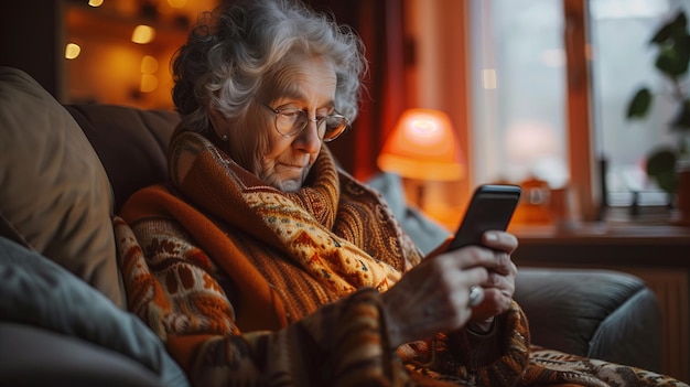 Mujer anciana usando un teléfono inteligente en el sofá de la sala de estar