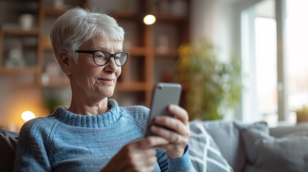 Mujer anciana utilizando su teléfono inteligente para mantenerse en contacto con su familia y amigos a través de la comunicación y las redes sociales