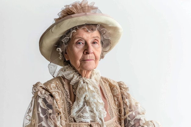 mujer anciana con un vestido histórico y un sombrero en un aislado sobre fondo blanco