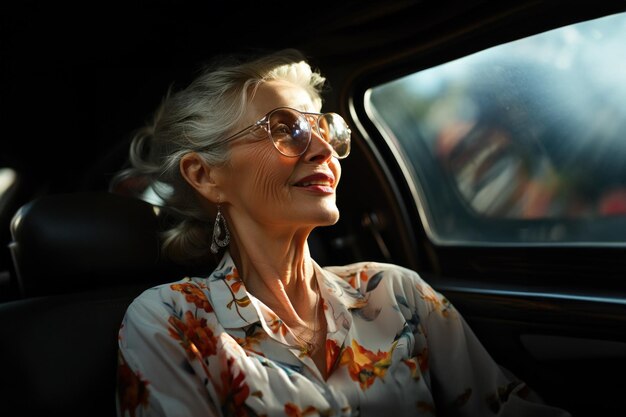 Foto mujer anciana viajando en taxi en un día soleado