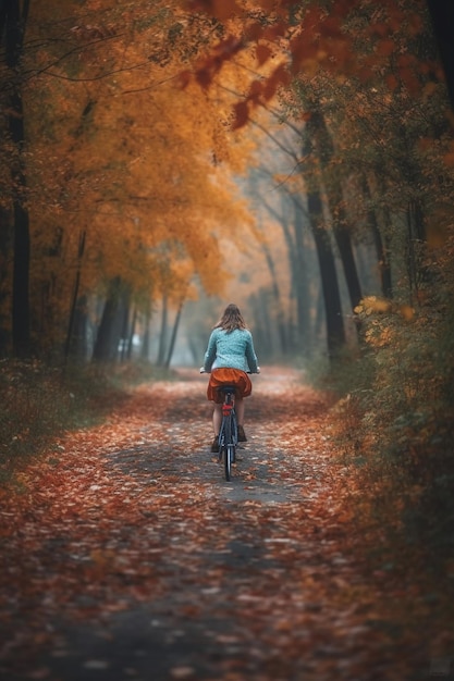 Una mujer anda en bicicleta por un bosque con hojas de otoño en el suelo.