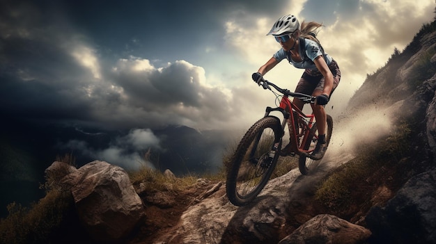 Mujer andando en bicicleta en las montañas