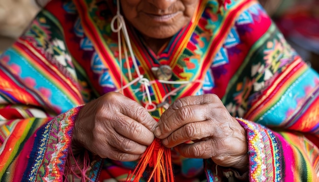 Una mujer andina nativa con coloridas ropas tradicionales teje patrones intrincados en las tierras altas peruanas