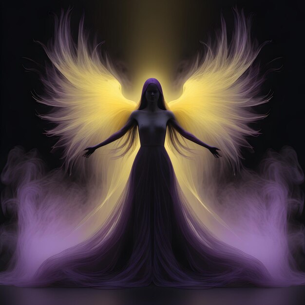 Foto una mujer con un ángel amarillo en la espalda y las palabras ángel