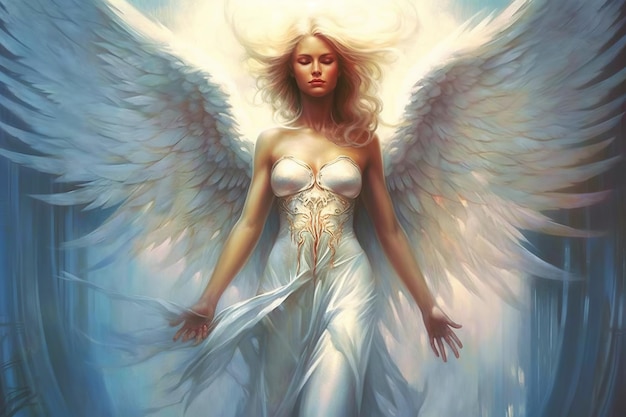 Una mujer ángel de fantasía con enormes alas blancas en una luz celestial mágica Ilustración generativa de IA