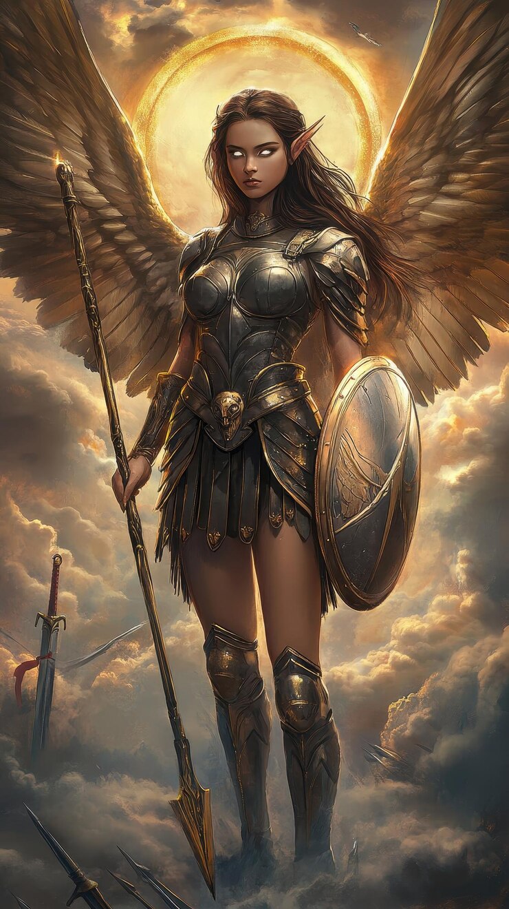 una mujer con un ángel sosteniendo un escudo y una espada en el cielo