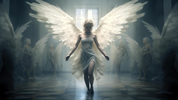 Una mujer ángel con un vestido blanco con alas Arte generativo con IA