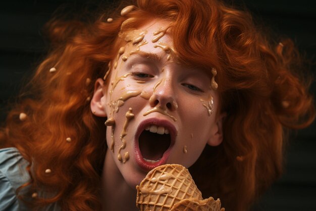 Mujer de ángulo alto lamiendo un cono de helado