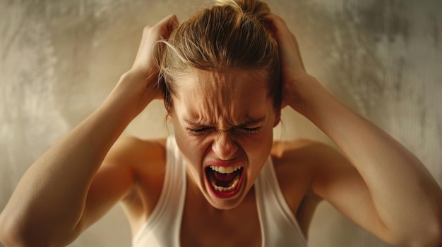 Una mujer angustiada con una camiseta está sosteniendo su cabeza y gritando en un momento de intenso estrés o frustración