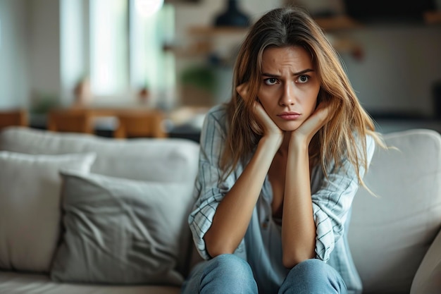 mujer angustiada pensando sentada en el sofá