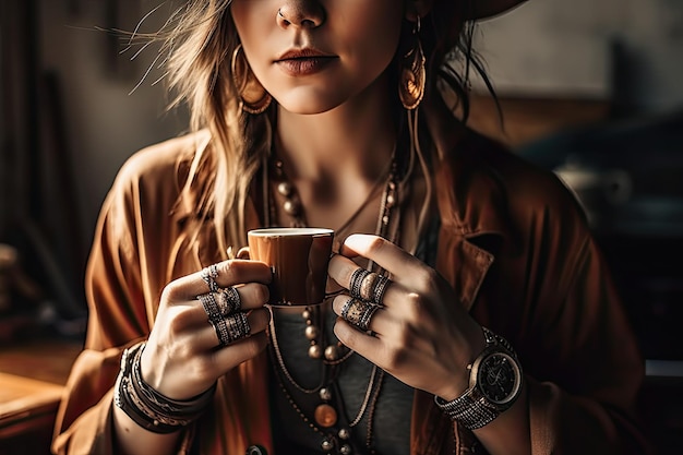 Una mujer con anillos sosteniendo una taza de café Ai generativo