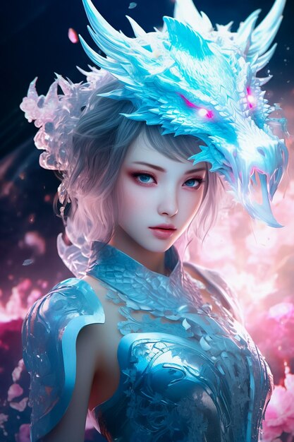 Mujer de anime de fantasía con cabello azul y concepto de personaje de juego de dragón generado por Ai