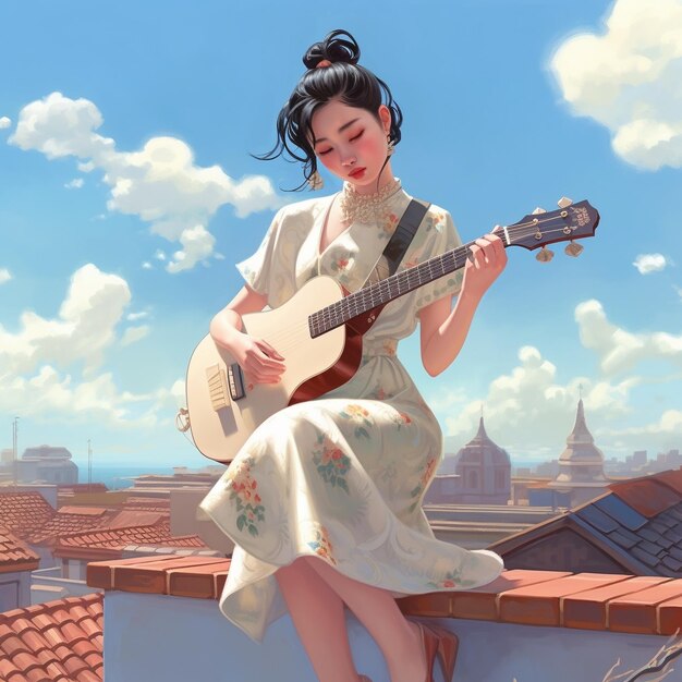 Mujer anime personaje dama tocando la guitarra