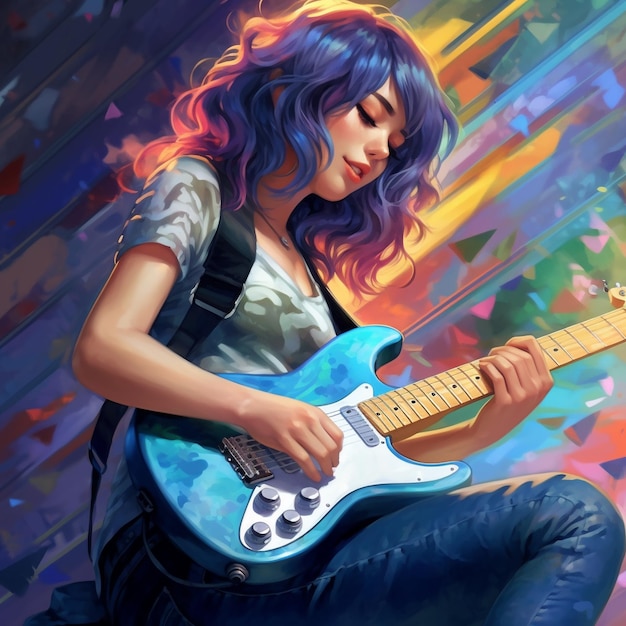 Mujer anime personaje dama tocando la guitarra