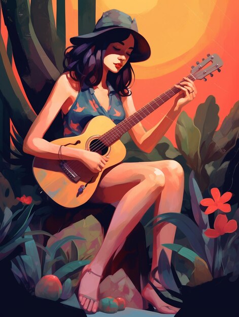 Mujer anime personaje dama tocando la guitarra