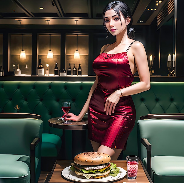 Una mujer anime sexy vestida de vestir en un restaurante.