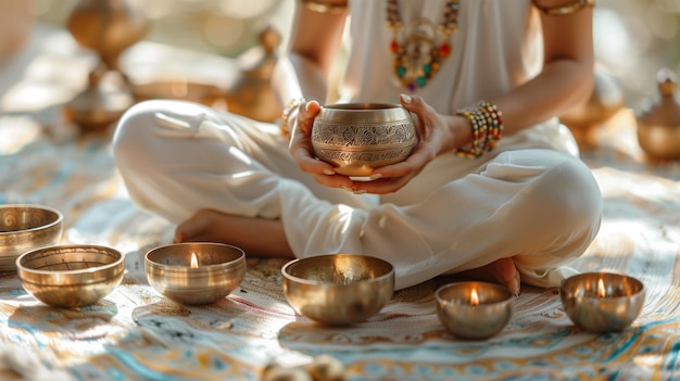 Foto mujer anónima sentada en el suelo rodeada de cuencos de resonancia y velas