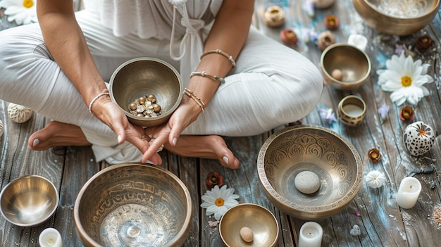 Foto mujer anónima sentada en el suelo rodeada de cuencos de resonancia y velas