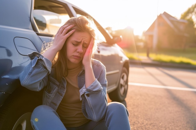 Mujer ansiosa apoyada contra el vehículo