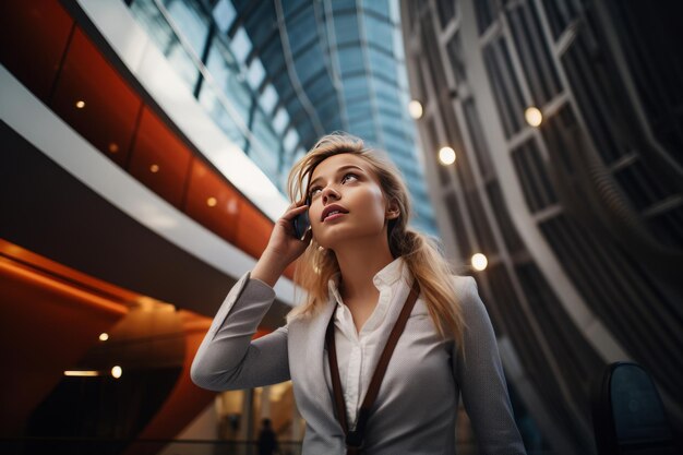 Una mujer ansiosa haciendo una llamada telefónica en un impresionante telón de fondo de arquitectura moderna