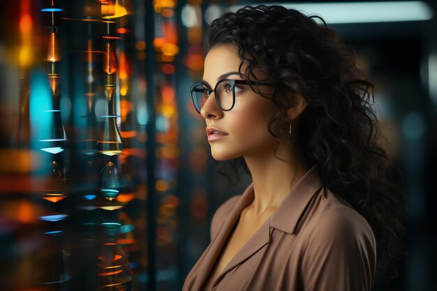 Una mujer con anteojos está parada frente a una ventana colorida.