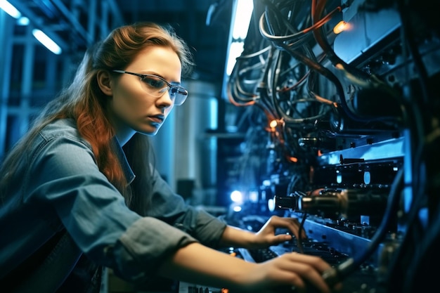 Una mujer con anteojos está trabajando en una máquina con la placa de matrícula.