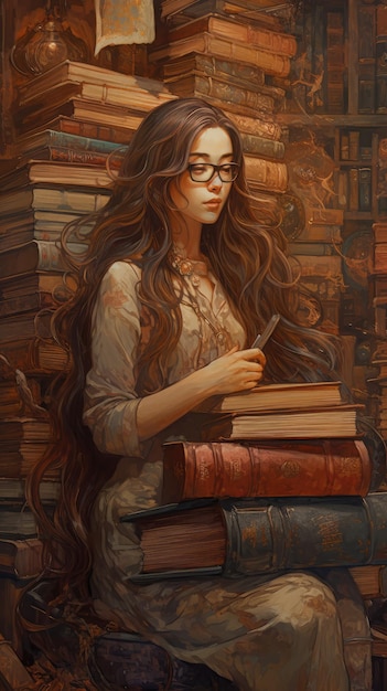 Una mujer con anteojos se sienta frente a una pila de libros.