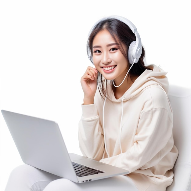 Una mujer con anteojos con una sonrisa en su rostro y usando un par de auriculares