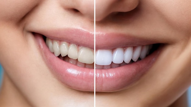 Foto mujer antes y después del blanqueo de dientes de primer plano sonríe con dientes amarillos y blancos diseño de pancarta