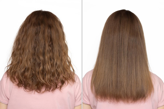 Mujer antes y después de enderezarse el cabello con un hierro Collaje vista trasera laminación de queratina