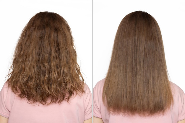 Foto mujer antes y después de enderezarse el cabello con un hierro collaje vista trasera laminación de queratina