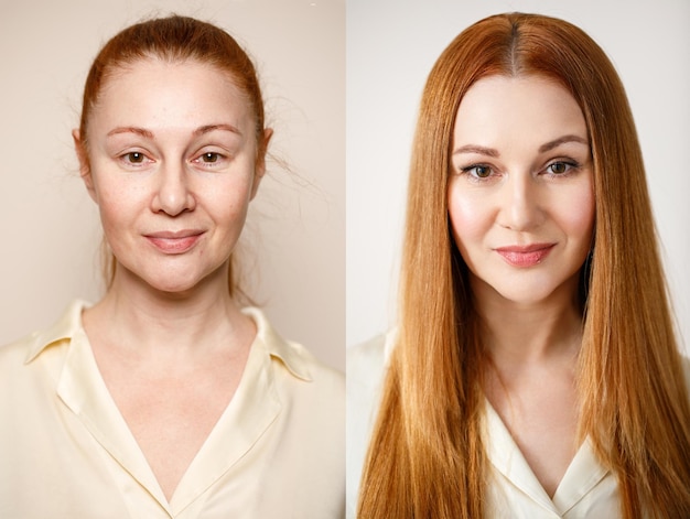 Mujer antes y después del maquillaje El concepto de belleza de transformación después de aplicar maquillaje con un maquillador Resultado sin retoque