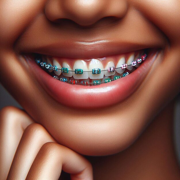 una mujer con aparatos ortopédicos en los dientes y los dientes inferiores