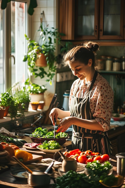 Una mujer apasionada por la cocina se dedica a la preparación de verduras para cocinar