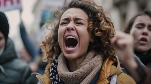 Una mujer apasionada protestando en voz alta en medio de una multitud de manifestantes