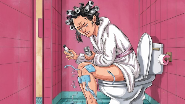 Foto la mujer aplica rodillos para el cabello, parches de belleza, siente dolor de estómago, sufre de diarrea, posa en el inodoro.