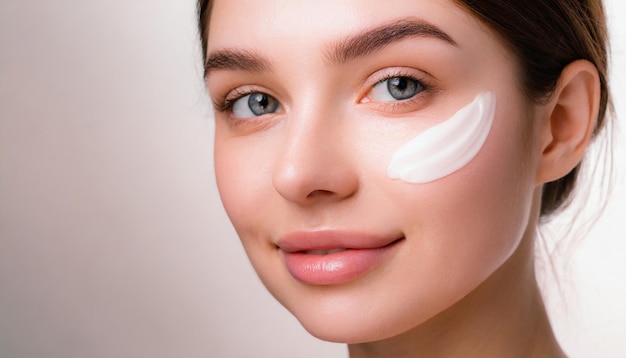 Mujer aplicando crema de cerca del concepto de cuidado de la piel de la cara retrato de chica
