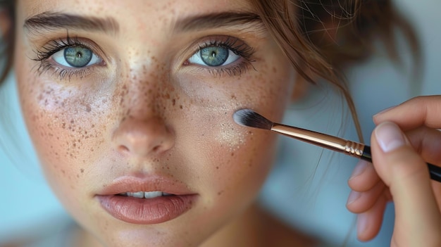 Mujer aplicando maquillaje frente al espejo Niña hermosa ruborizándose en los pómulos con un gran pincel Polvo rojo en las mejillas